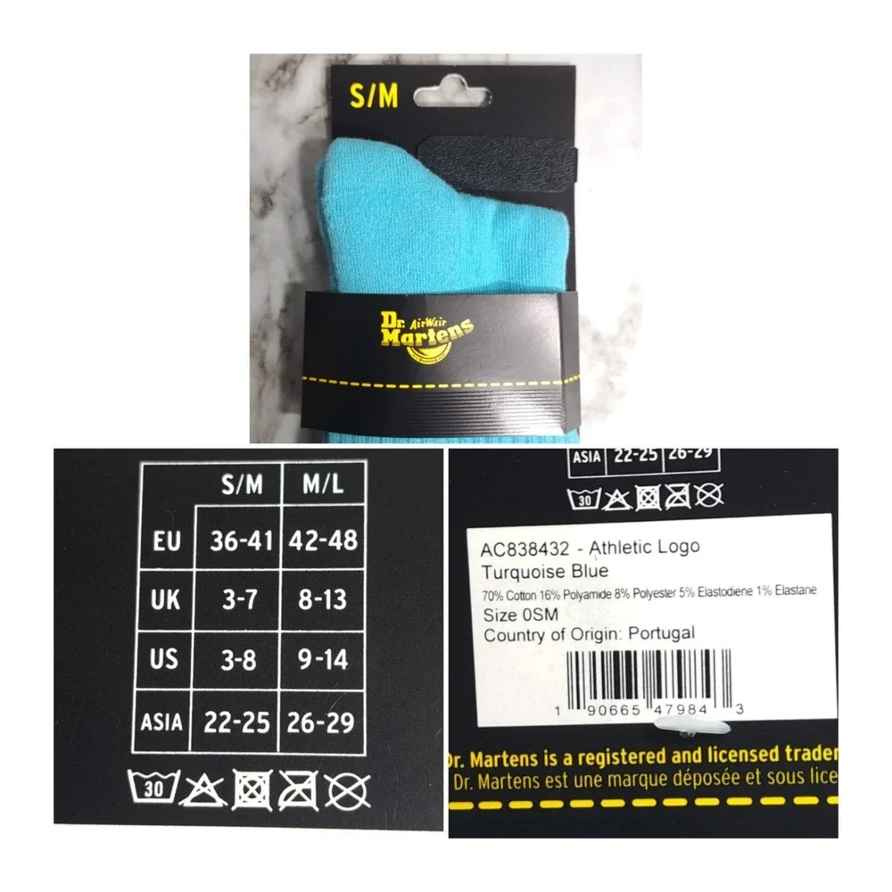 2 Pairs Dr Martens Athletic Logo‎ Socks Size S/M Coral Organic/Turquoise Blue